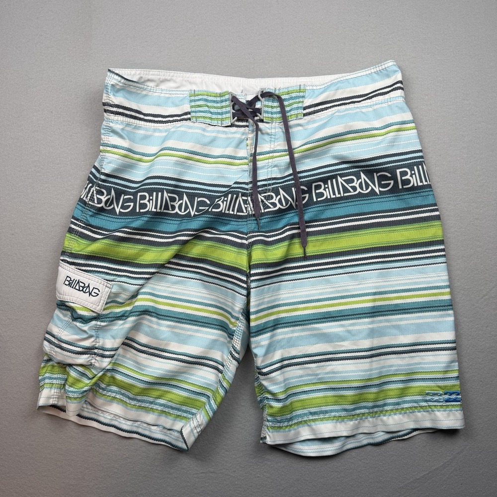 Billabong Board Shorts Vtg Y2K Men's 38 Green Blue Surf 11" Inseam W/ Wax Comb